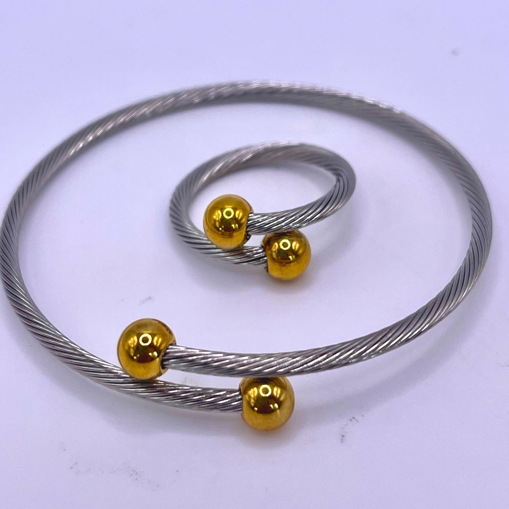 Stainless Steel Twisted Cable Ring Adjustable 8 Ring Set W Bracelet